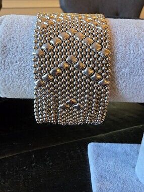 Silver Tone Wide Beaded Mesh Statement Bracelet Snap Closure